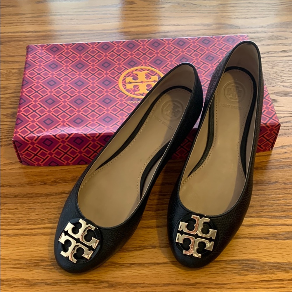 Tory Burch Black Leather Flats with Silver Logo